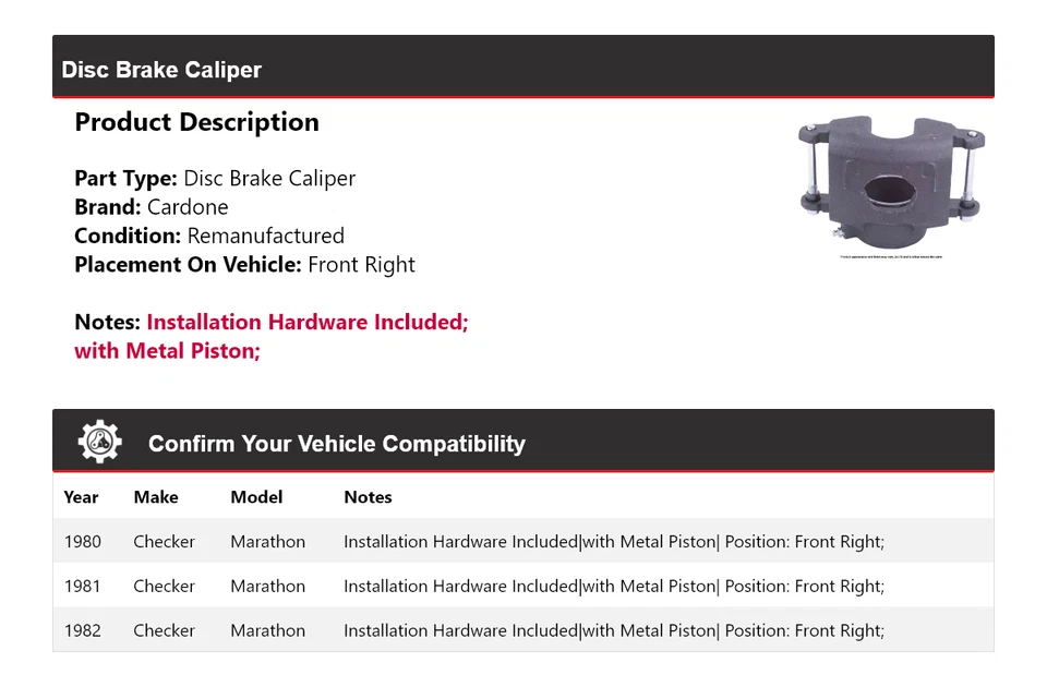 Pinza de freno de disco delantera derecha Cardone 1981 Checker Marathon 1980-1982 Foto 2 de 3