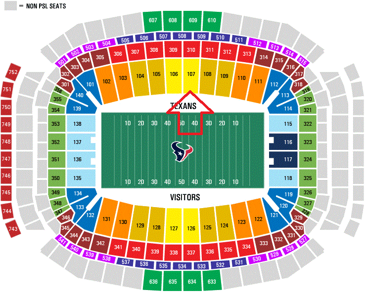 2 Houston Texans Season Tickets SEC 107 ROW E True 50 yd line Aisle
