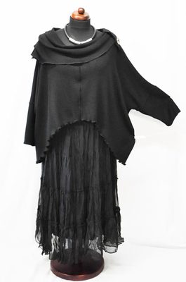 Lagenlook kurzer Ballon-Strick-Pulli Carmenkragen-Lasche-Knopf black XXL,XXXL
