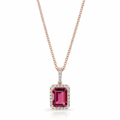 Rosa Turmalin Diamant Anhänger Halskette 14K Rotgold Smaragdschliff Heiligenschein natürlich
