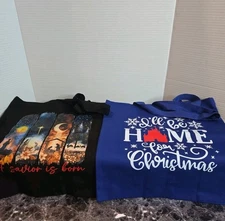 Lot of 2 Holiday Themed Canvas Reusable Graphic Tote Bags