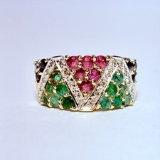 S.J. Hau 14K Yellow Gold 2.14ctw Emerald Ruby Sapphire Diamond Sz 7.75 Ring 6g