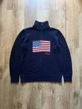 Boys Polo Ralph Lauren Bear Sweater 1/3 Jumper Knit Flag Cotton Youth Sz L 14-16