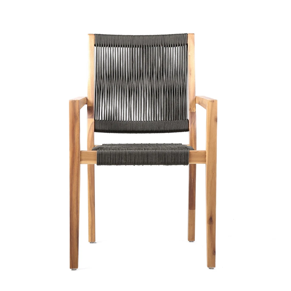 Outdoor Eucalyptus Wood and Charcoal Rope Dining Chairs with Teak Finish - Image 4 of 4