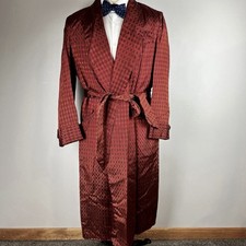 VTG 50s M Medium rayon / acetate belted robe smoking jacket red geometric MCM