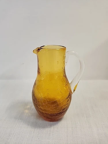 Vintage Amber Colored Crackle Glass Mini Pitcher Likely Blenko Glass Co.
