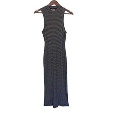 Madewell Ribbed Knit Women Midi Dress S Black White Stripe Wool Blend Mock Neck