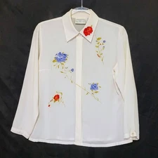 VTG Susan Bristol Wmn's 8 P Ivory Semi Sheer Blouse Floral Embroidery Feminine 