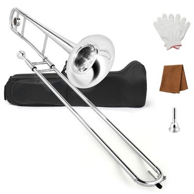 Bb Tenor Slide Trombone, Brass B Flat Key w/ Case, Mouthpiece For Beginner Kit
