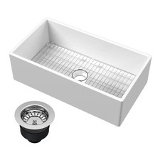 Nuie Farmhouse Kitchen Sink, Chrome Drain, Fire Clay Apron Front Sink 33x18x10"