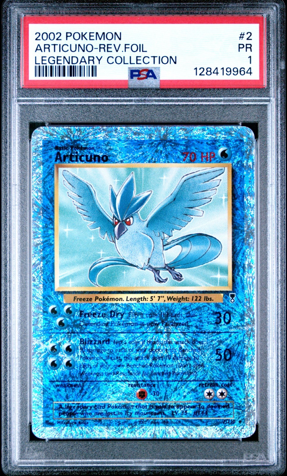 2002 POKEMON LEGENDARY COLLECTION #2 ARTICUNO-REVERSE FOIL PSA 1