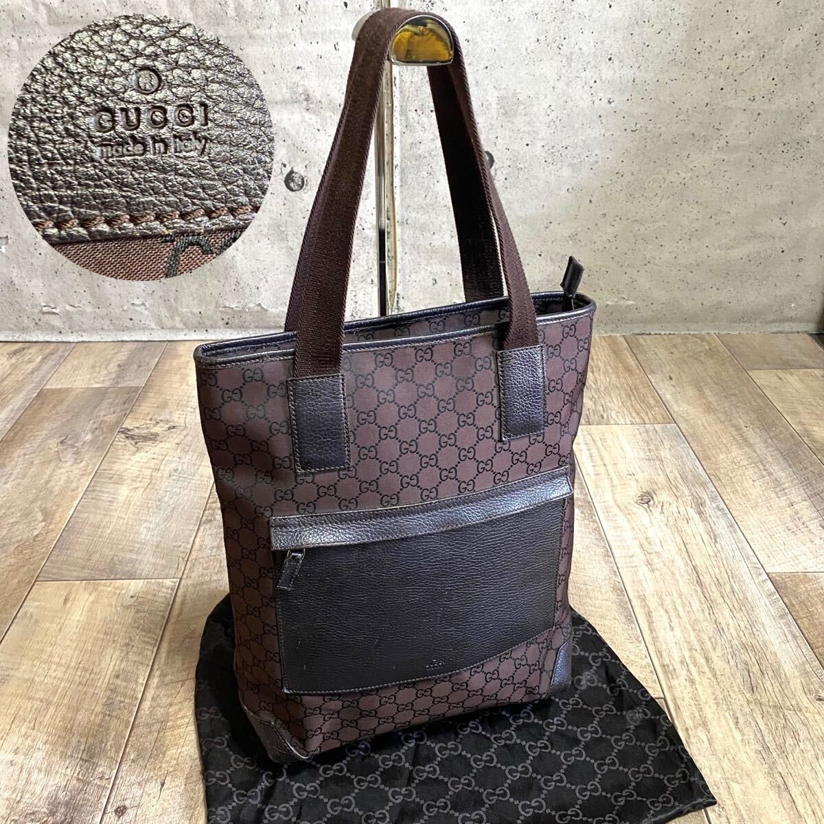 Authentic Gucci GG Canvas Leather Tote Bag Brown Made in Italy