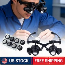 Double Eye Jewelry Watch Repair Magnifier Loupe Glasses With LED Light 8 Lens US