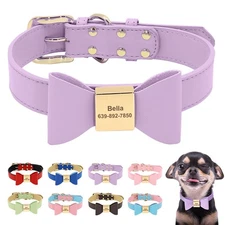 Personalized Dog Collar Cute Bow Tie Custom Pet Name Engraved Soft Leather XS-XL