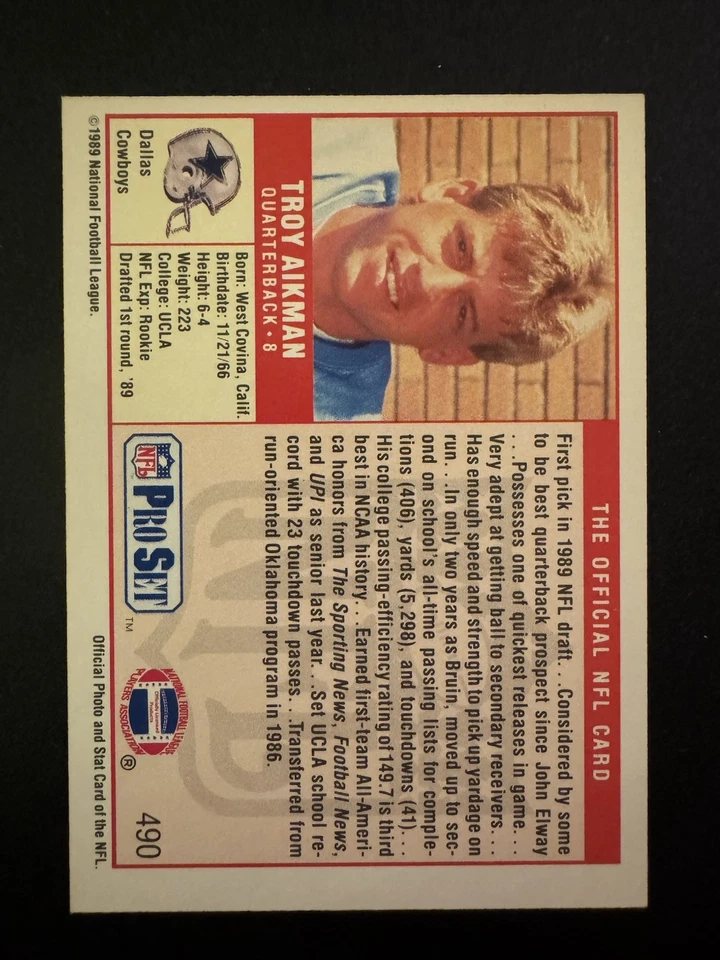 1989 Pro Set - Troy Aikman #490 (RC) - Image 2 of 2