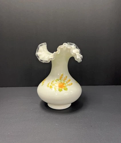 Fenton Ruffled White Vase Hand Painted - Approx. 7"