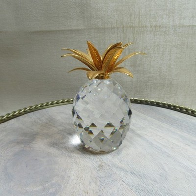SWAROVSKI  4  CRYSTAL PINEAPPLE GOLD TONED METAL TEXTURED LEAVES NO BOX