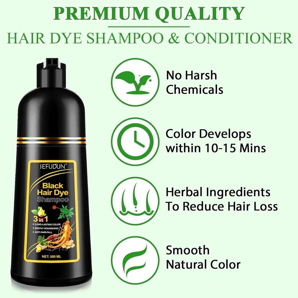 Natürliches Schwarzes Haarfärbeshampoo, Black Hair Dye Shampoo 3 in 1 Sofort Haa - Bild 2 von 4