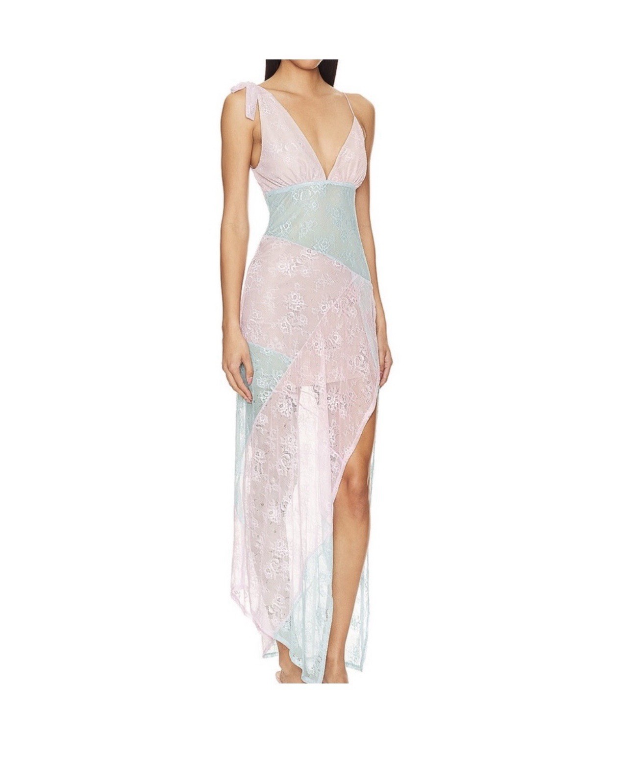 Majorelle Pink Blue Lace Sheer Sleeveless Floral V-Neck Maxi Dress