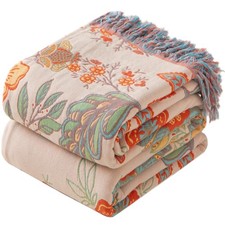 Boho Throw Blanket Twin Size, Soft Cozy Cotton Muslin Quilt Blanket for Bed D...
