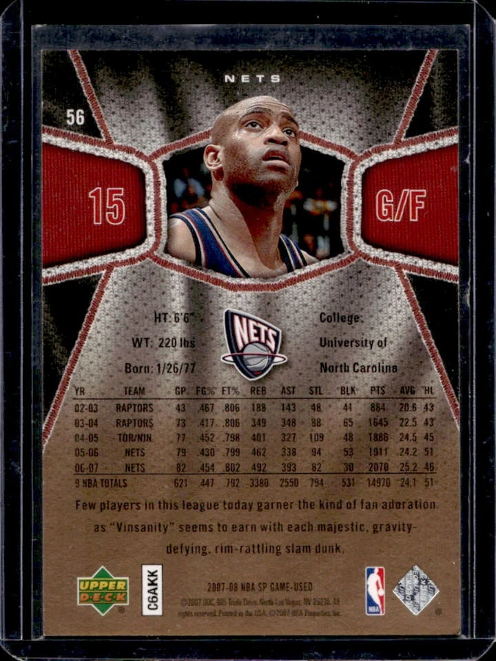 2007-08 SP Game Used Vince Carter Gold #15/25 Nets - Image 2 of 2