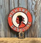 Vintage Mohawk Gasoline Porcelain Enamel Metal License Plate Topper Sign