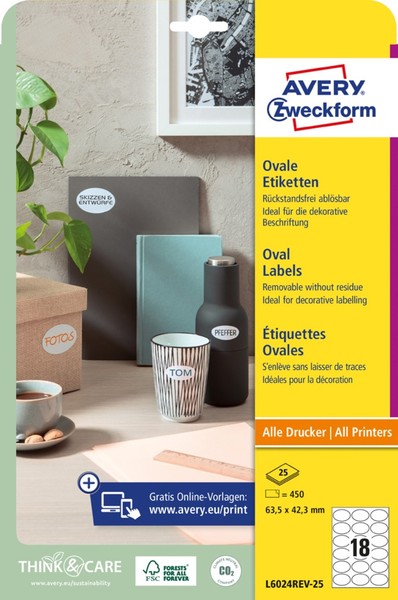 Avery Zweckform Stick+Lift Etiketten, 63,5 X 42,3 Mm, Oval-image