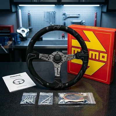 Genuine MOMO Mod.08 350mm Black Suede Steering Wheel Deep Dish for E36 Track