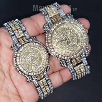 Watch Couple Set Hip Hop Iced Lab Diamond Two Tone Metal Band Bling Fashion