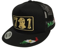 SOMBRERO EL CHAPO GUZMAN 701 DORADO 3 LOGOTIPOS MAPA EN LA VISERA MALLA NEGRA SNAPBACK