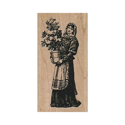 Mounted Rubber Stamp, Lady With Flowers, Pot Of Flowers, Gardening, Planting