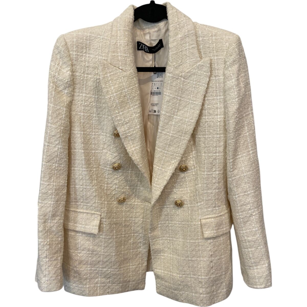 ZARA TEXTURED TWEED DOUBLE-BREASTED BLAZER ECRU SIZE S 7609 ZARA TEXTURED TWEED DOUBLE-BREASTED BLAZER ECRU SIZE S 7609