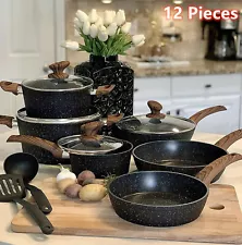 12 Pieces Kitchen Pots & Pans Set Nonstick Cookware Set Granite Coated with Lids
