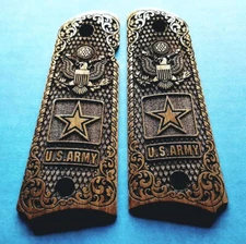 1911 Full Size 3D engraved walnut wood grips US Army Eagle Star Scroll checkered