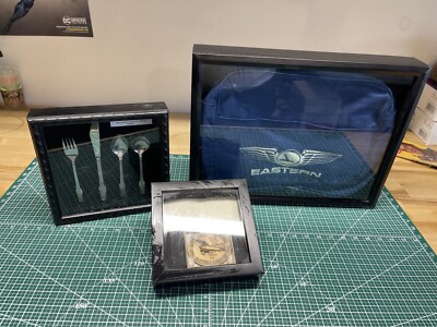 EASTERN AIRLINES 50 YR SERVICE  BRONZE MEDALLION, Flight Bag & Flatware Displays