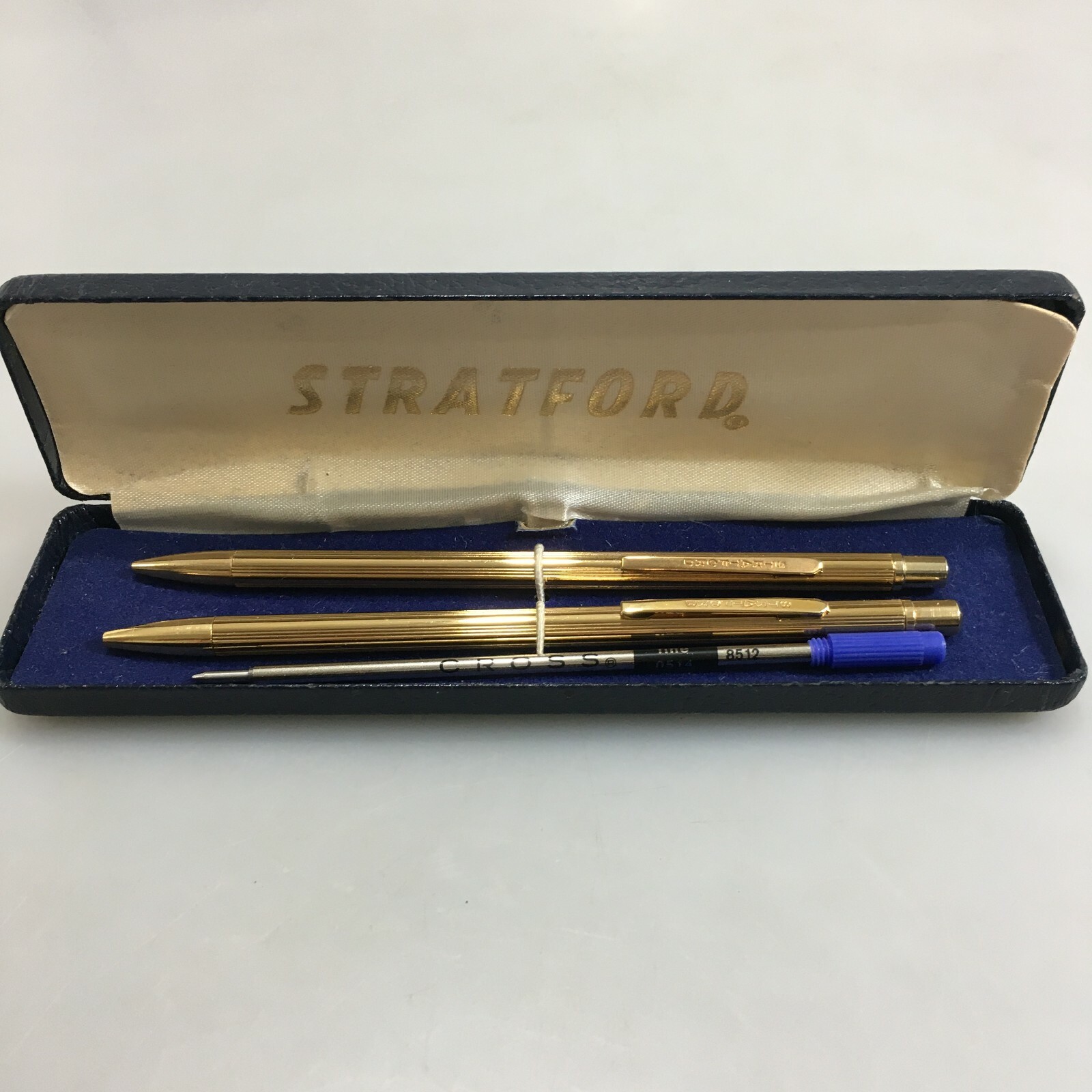 Stratford Goldtone Ballpoint Pen Mechanical Pencil Set Case w Ink Refill Vintage