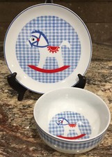 2 PC SHAFFORD 1982 PORCELAIN ROCKING HORSE BABY BOWL AND PLATE LOOK UNUSED