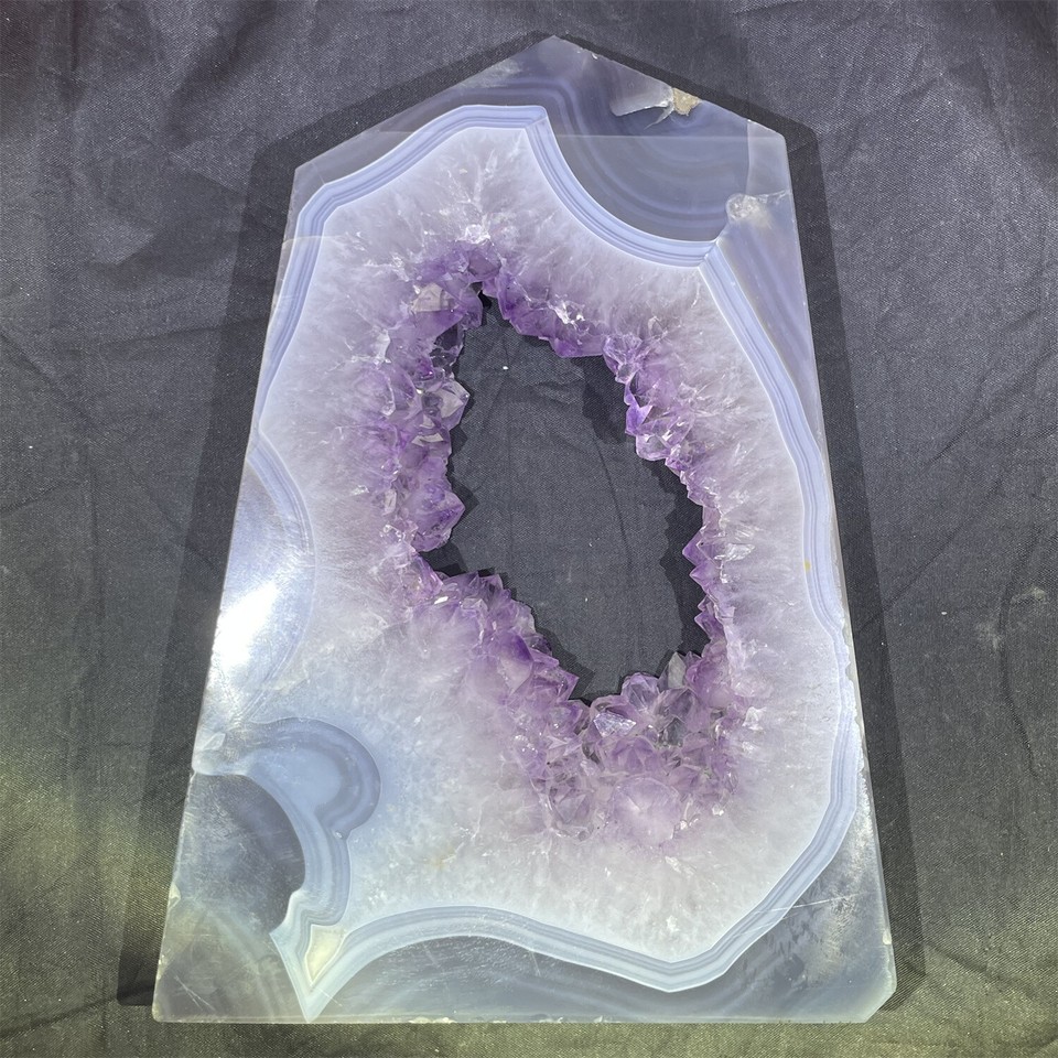 2.7LB 8.6" Amethyst Geode Grey Agate Obelisk Quartz Crystal Tower Point