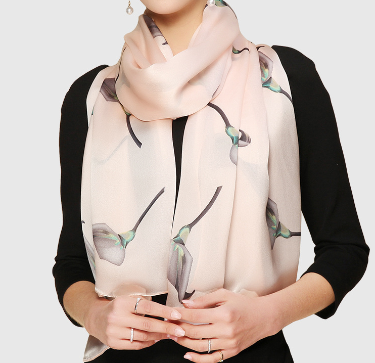 100% Mulberry Silk Scarf 180x65cm Floral Print Womens Wrap Neckerchief