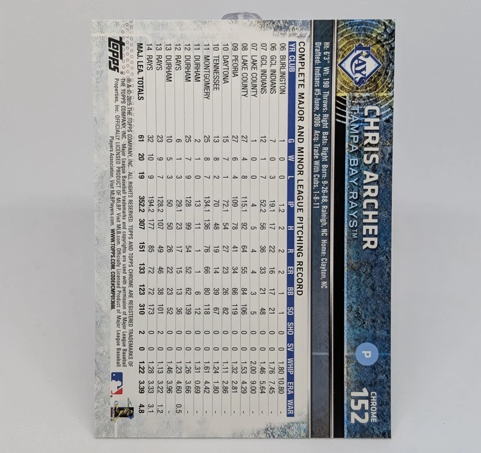 2015 Topps Chrome Sepia Refractor Chris Archer #152 Tampa Bay Rays Retail  - Image 2 of 2