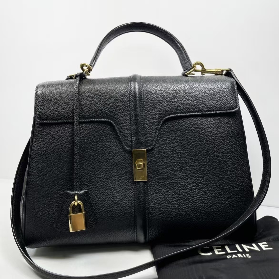 Celine Black Pebbled GHW 16 Top Handle | eBay