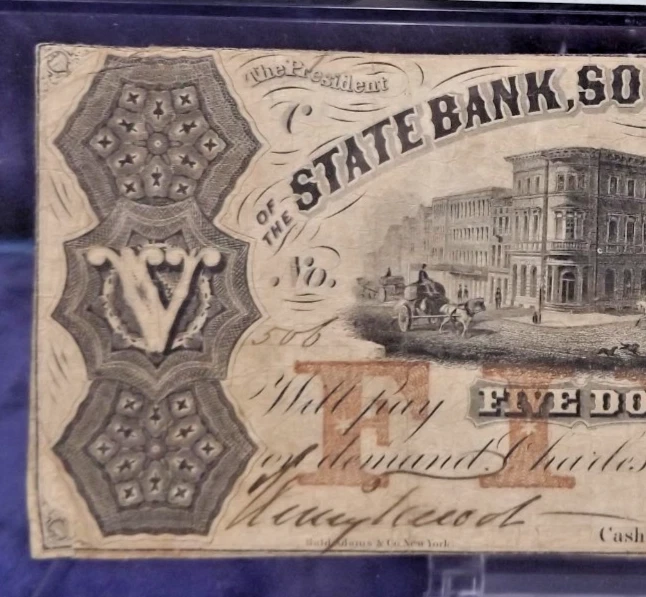 1850-60s $5 Dollars PMG 12 - State Bank South Carolina, Charleston SC40-G22a - Image 2 of 4