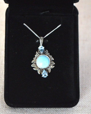 Sterling Silver, Larimar, Blue Topaz & Marcasite Pendant Necklace Thai  18 Inch