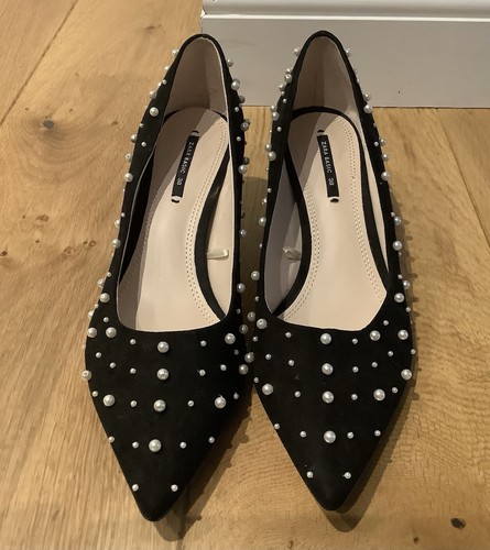 ZARA Black and Pearl Studded Kitten Heel Pointed Shoes Size UK 5 EUR 38 US 7.5 - Picture 1 of 6