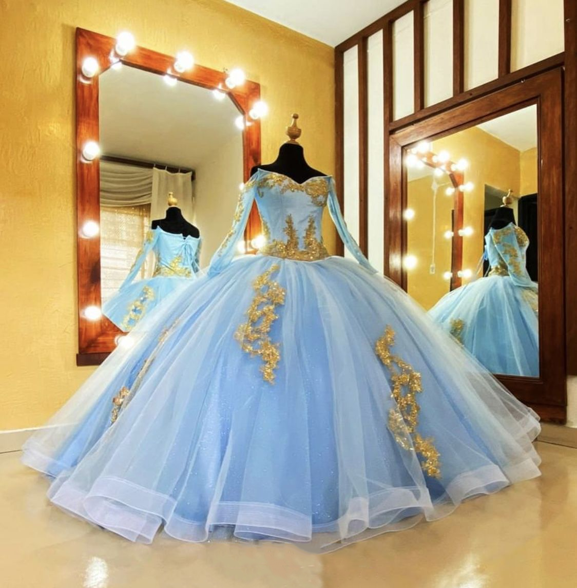 Sky Blue Quinceanera Dresses Long Sleeves Sweet 15 Gold Applique Party Ball  Gown | eBay