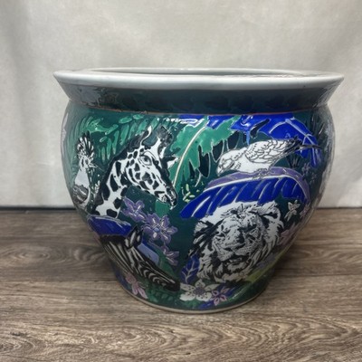 Vtg Japanese Porcelain African Wildlife Planter Jardiniere Lion Safari Exotic 
