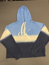Calvin Klein Jeans Womens Small Blue Tie Dye Cropped Hoodie CK Logo Sweatshirt