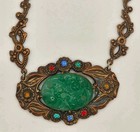 Vintage Art Deco Czech Green Pressed Glass W/Multicolor Crystals Necklace