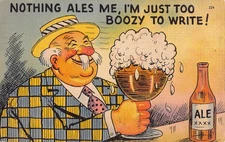 Vintage 1946 Tichnor Comic Postcard 'Too Boozy to Write' Ale Humor