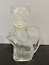 Clear Pressed Glass Cat Pitcher Decanter Figural Barware Stopper Head Taiwan 8"
